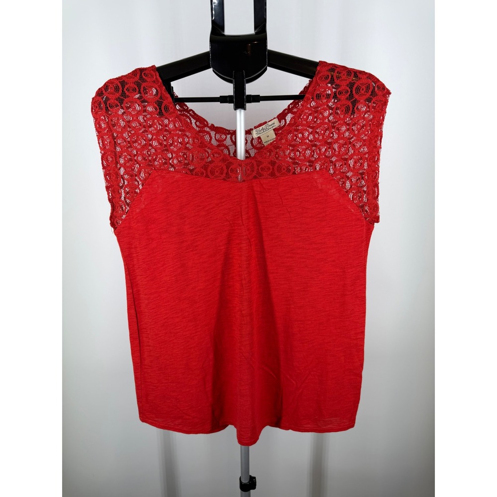 Lucky Brand‎ Womens Red Slub Knit Crochet Lace Yoke Sleeveless Blouse Top M
